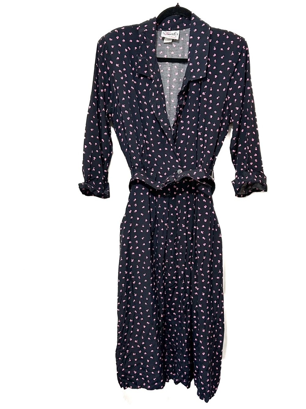 Vintage Black Pink Floral Dress Retro Belted Rayon The Traveler by Connie Sz 14 - Picture 1 of 7